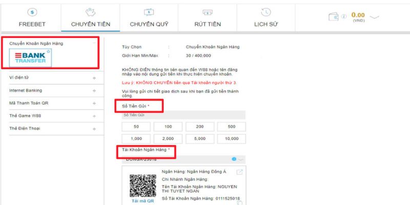 Nạp tiền W88 qua ngân hàng.